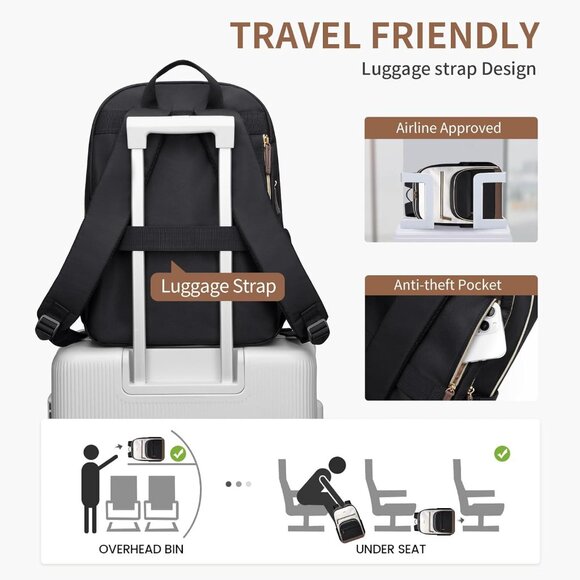 Women Black-Beige Computer Bag Casual Fits 16 Inch College Travel Backpacks - Picture 7 of 9